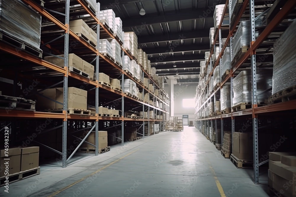 Modern logistic warehouse interior. high-ceilinged space filled with orderly rows of polished
