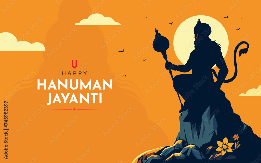 Creative flat vector Background Illustration of Happy Hanuman Jayanti, Celebrates the birthday of Lord Sri Hanuman, silhouette lord Hanuman Statue Creative flat vector Background Illustration of Happy Hanuman Jayanti, Celebrates the birthday of Lord Sri Hanuman, silhouette lord Hanuman Statue
