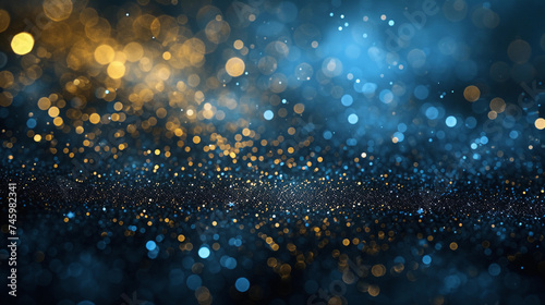 Festive celebration holiday christmas, new year, new year's eve banner template illustration - Abstract gold bokeh lights on dark blue background texture, de-focused. Dark blue and gold particle.
