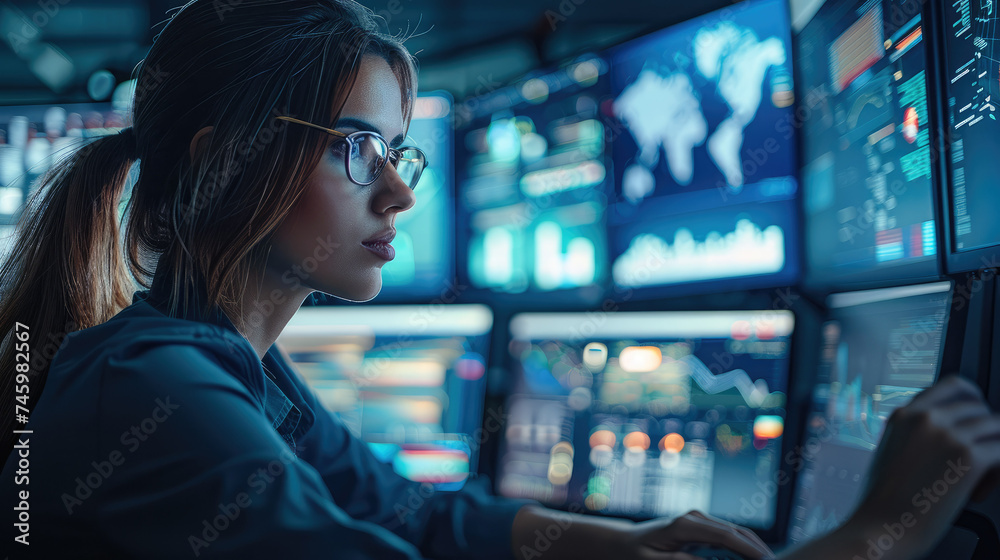 Female web designer working in a high-tech design studio. Generative AI. Female web designer working in a high-tech design studio. Generative AI.