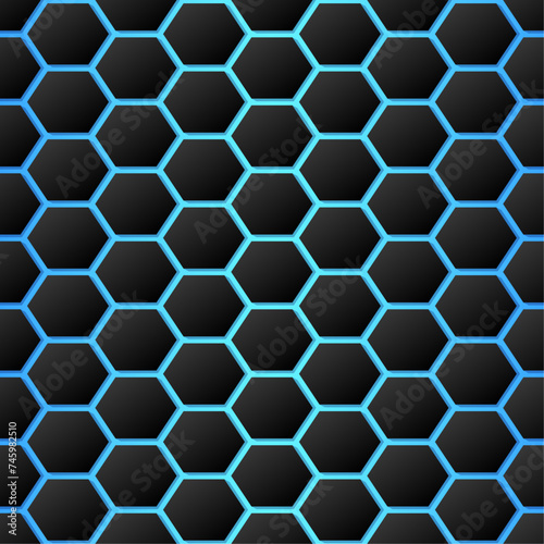 Fototapeta Naklejka Na Ścianę i Meble -  Black hexagons on blue neon background. Geometric vector seamless pattern. Best for textile, wallpaper, web and your design.