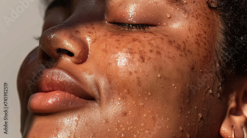 Close-up of African American woman's skin in sunlight with drops of sweat. Cute dark-skinned woman outdoors. Beauty concept.