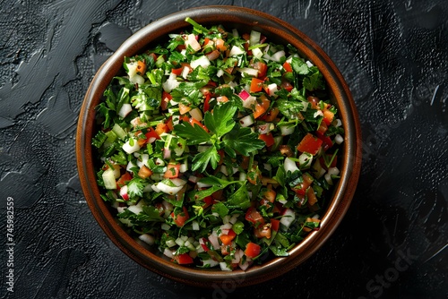 Tabbouleh - Lebanese Cuisine on a Dark Background from Above. Concept Food Photography, Tabbouleh, Lebanese Cuisine, Dark Background, Top-down View photo