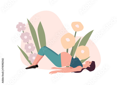 Prenatal yoga pose lying down. Flat vector illustration with character.