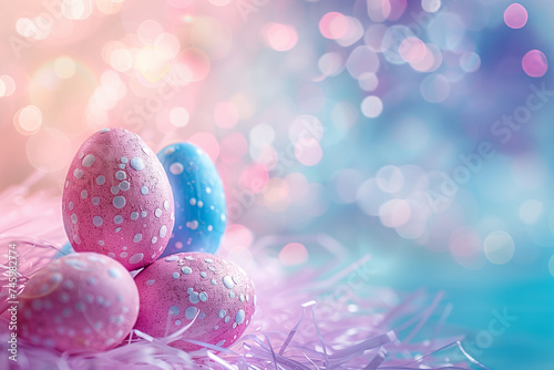 Pink and blue Easter eggs with white spots on bokeh abstract background.
