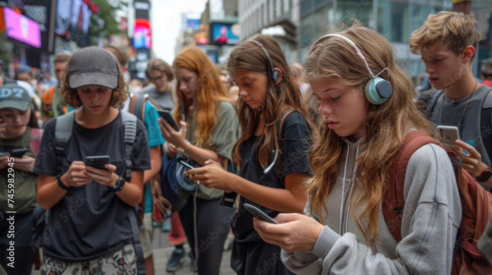 Fototapeta premium Cell phone addiction concept. Many teens hold smart device. Social media like obsession. Online communication problem. People watch mobile gadget screen. Cyberspace internet network. Bad habit.