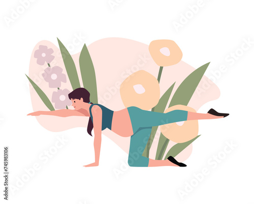 Pregnant yoga vector scene with character and floral elements.