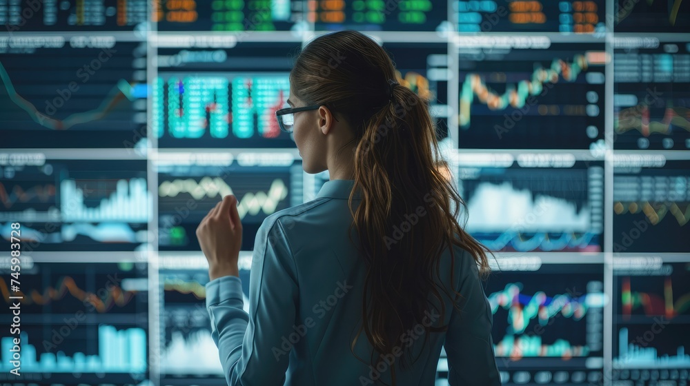 Trading woman, Female financial expert analyzing stock market trends, surrounded by digital screens displaying statistics and graphs. Generative AI.