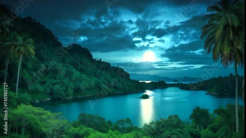 Night natural sky round moon on the jungle, blue night clouds, night jungle, water, stone, peacful background photo