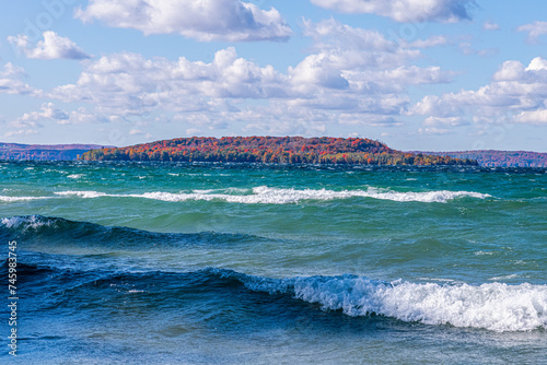 Waves and whitecaps with Power Island in Grand Traverse Bay, Michigan in the background