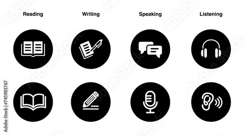 Language skill icon set speaking listening reading writing education test logo vector illustration circle symbol web botton