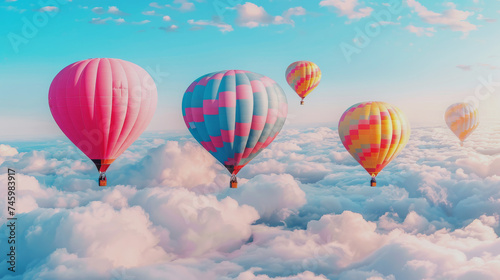 Colourful Balloons Soaring Above Clouds. Vibrant hot air balloons float over a dreamy cloudscape, inviting adventure.