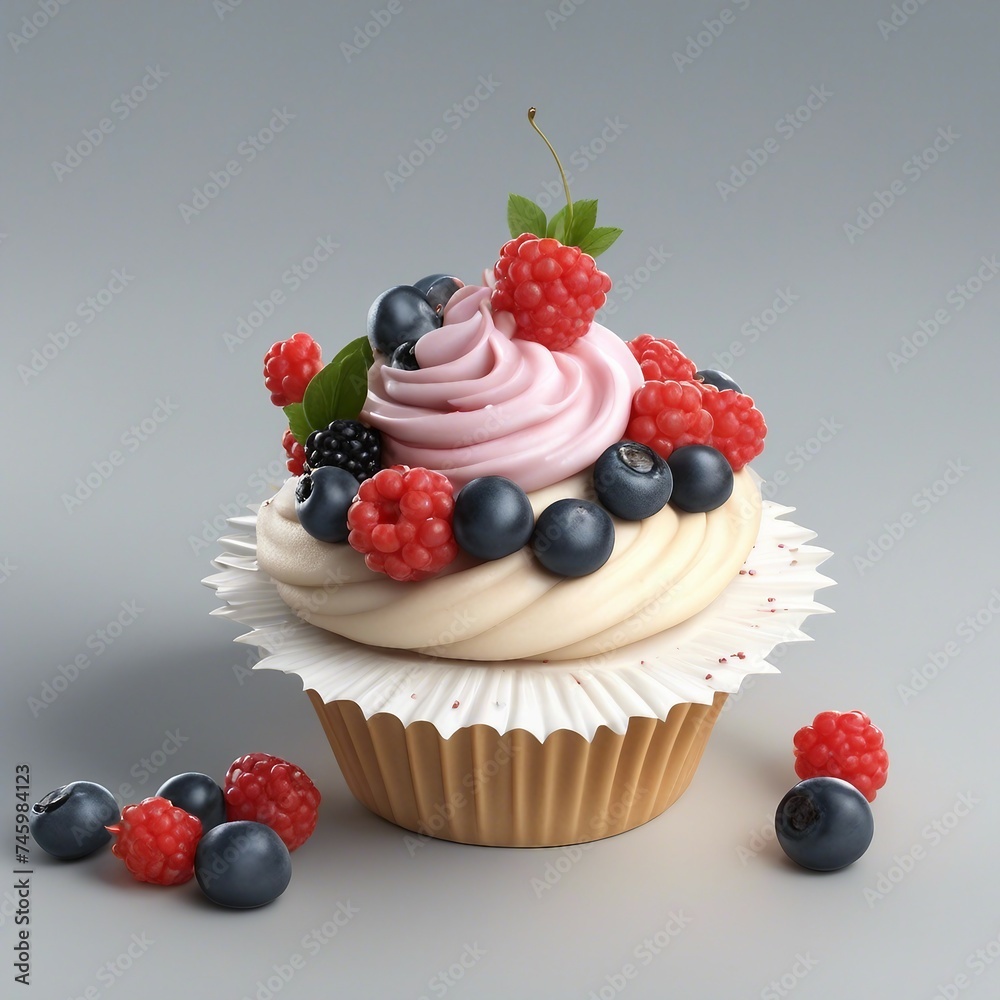 3D model of a cupcake with berries 3D model of a cupcake with berries