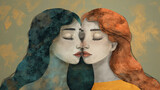 Dibujo de dos mujeres abrazadas y con los ojos cerrados