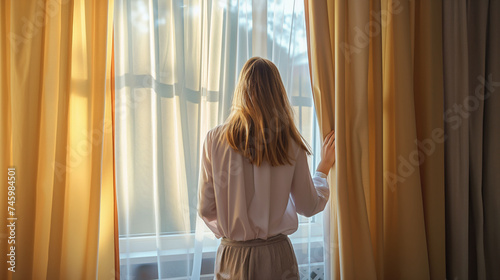 Rear view of a young woman opening curtains and looking out of window