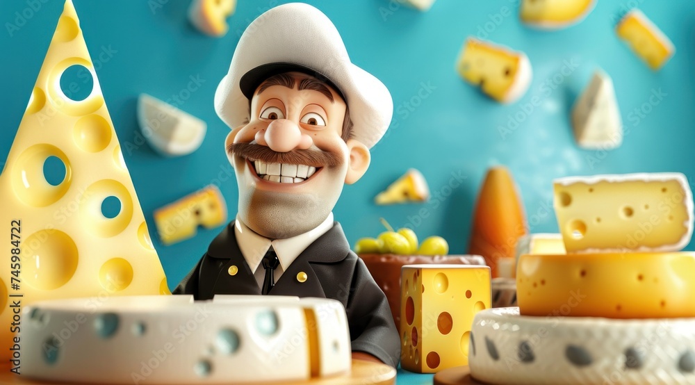 Personnage cartoon d'un fromager souriant, fromages au premier plan, atelier en arrière-plan. Personnage cartoon d'un fromager souriant, fromages au premier plan, atelier en arrière-plan.