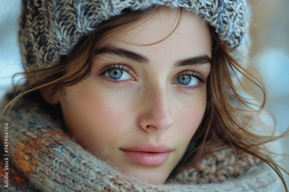 Close-up of a woman's face with piercing blue eyes, framed by a knit cap and scarf Close-up of a woman's face with piercing blue eyes, framed by a knit cap and scarf