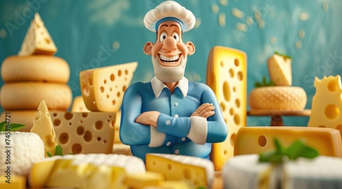 Personnage cartoon d'un fromager souriant, entouré de divers fromages. photo