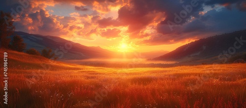 Dramatic scene with fiery sunset sky above a mountainous landscape, casting a warm glow over the wild grass