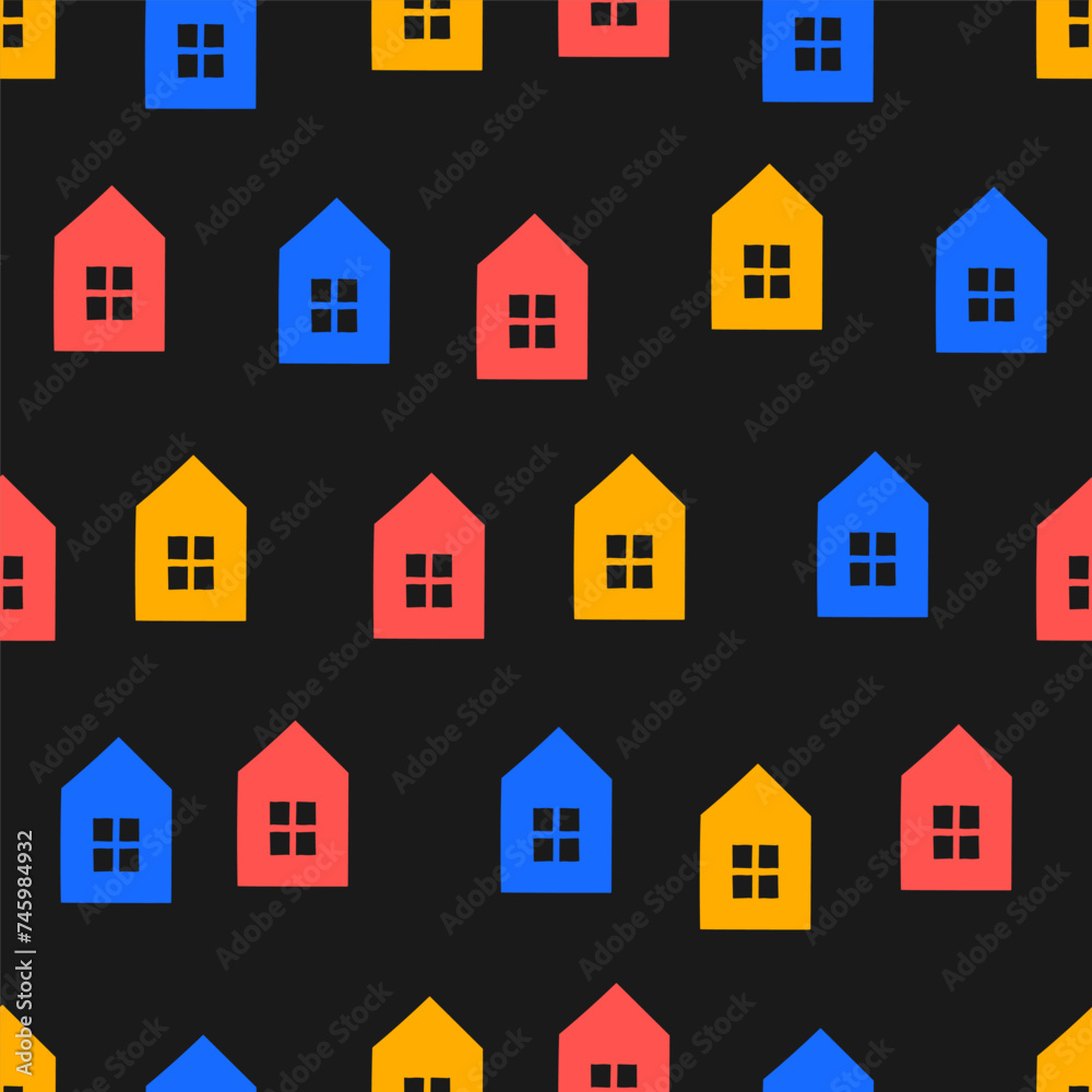 Seamless pattern with colorful house and black background Seamless pattern with colorful house and black background