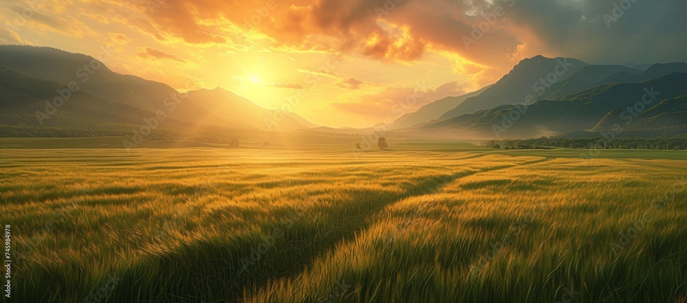 A stunning visual narrative of a golden wheat field kissed by the sunset with mountains standing guard