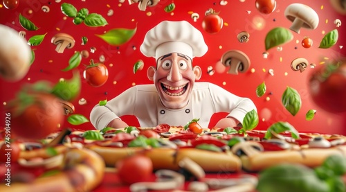 Le goût de l'Italie. Un chef pizzaiolo souriant, présentant une délicieuse pizza, entourée d'ingrédients frais. photo