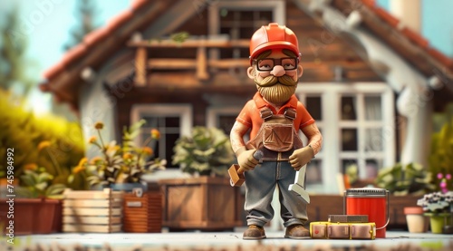 Personnage cartoon d'un homme travaillant sur le chantier d'une maison à la campagne.