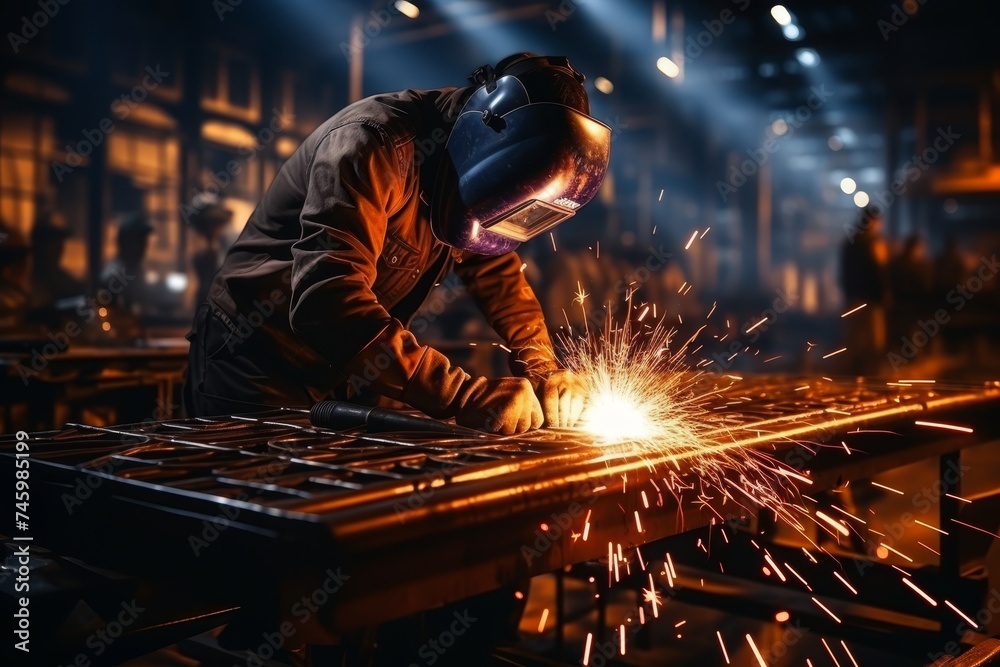 Professional welder welding metal on large pipe with protective mask and sparks in blue light Professional welder welding metal on large pipe with protective mask and sparks in blue light