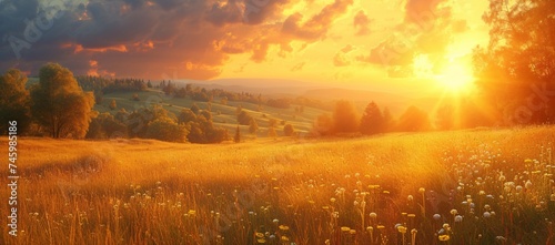 Tranquil landscape with a vibrant golden sunset illuminating rolling hillside meadows and fluffy dandelions © Vladan