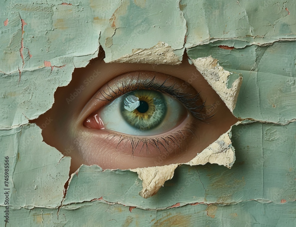 A striking image showing a realistic eye looking through a wall with peeling paint, expressing themes of insight and discovery