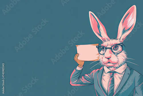 Ilustration of funny bunny wearing a sleek business suit and glasses, holding a blank sign. Funny drawing as a reminder of the need to file tax return