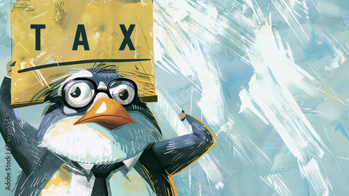 Penguin wearing a sleek business suit and glasses, holding a sign that reads Tax. Funny illustration as a reminder of the need to file tax return