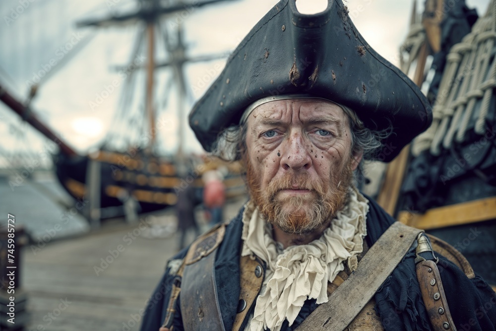 Old pirate privateer stands in front of a ship