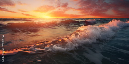 Sea horizon,Texture stormy sea at sunset, Scenic colorful sunset at Realistic Fantasy Artwork Waves Crashing On The Ocean At Sunset the sea coast, nature background at sunset time, Generative AI