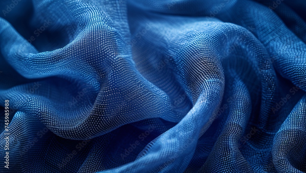 A close-up macro photograph capturing the intricate textures of a blue fabric A close-up macro photograph capturing the intricate textures of a blue fabric