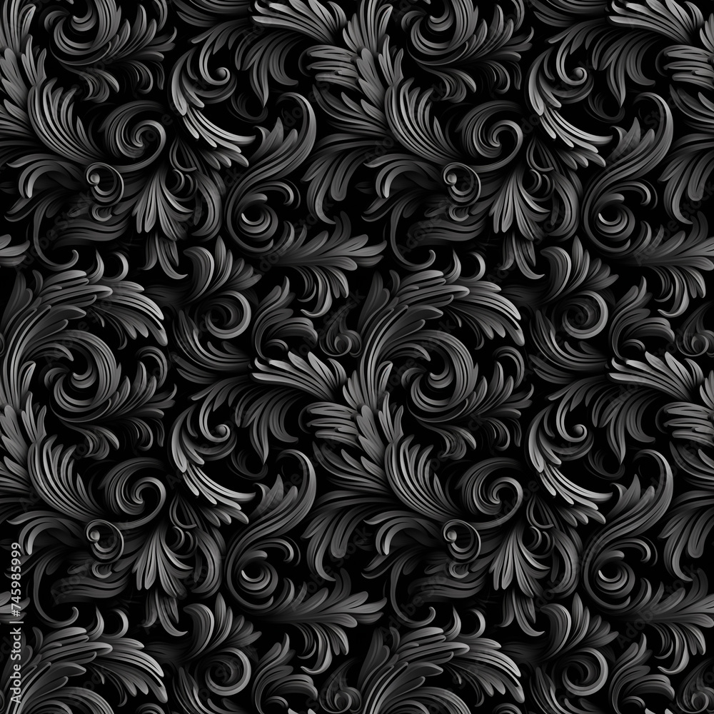 Black and white seamless pattern with classic foliage ornament. Seamless texture background. Black and white seamless pattern with classic foliage ornament. Seamless texture background.