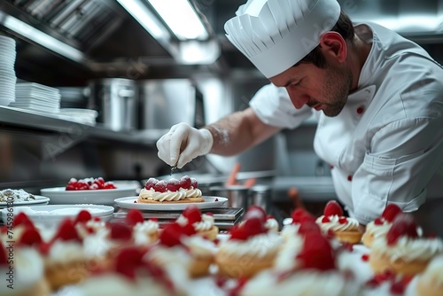 Culinary Artistry in Action A Professional Chef in a Bustling Kitchen, Meticulously Garnishing Gourmet Desserts with Precision and Elegance.