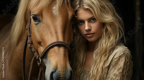 A beautiful blonde woman standing next to a brown horse © Jean Isard