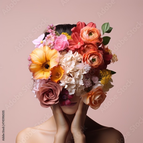 A portrait of a woman whose face is adorned with flowers, symbolizing concepts related to mental health and psychological treatment