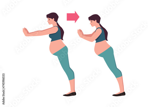 Pregnant woman in yoga pose, exercise plan on isolated background.