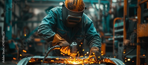 An intense image of a welder working with metal, showcasing the craftsmanship and skill in a workshop