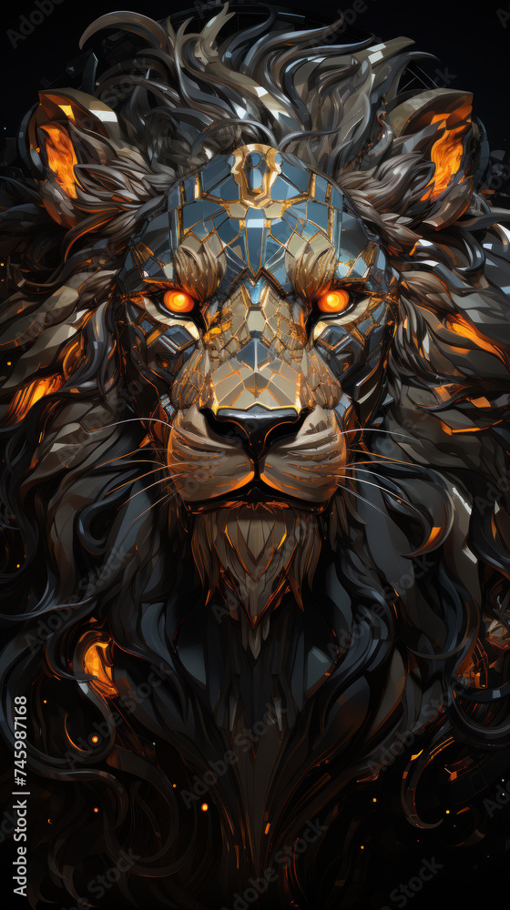 Fiery lion in dark colors on a black background.