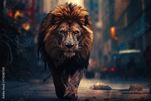 a lion walking on the street