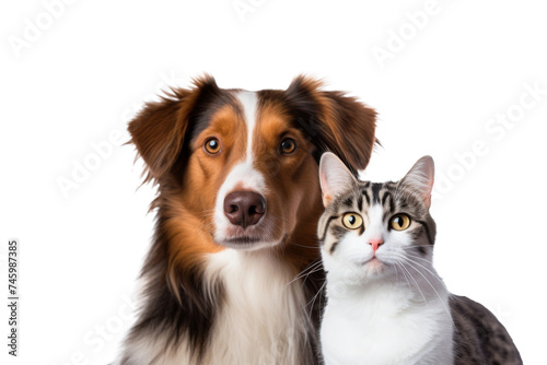 Portrait of Happy dog and cat that looking at the camera together isolated on transparent background, friendship between dog and cat, amazing friendliness of the pets.