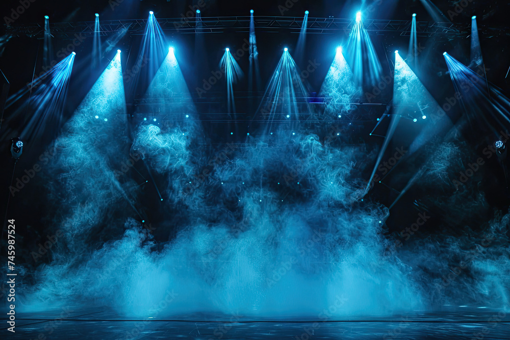 Blue spotlight smoke stage entertainment background. - obrazy, fototapety, plakaty 