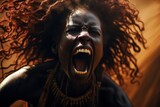 An African woman shouting loudly