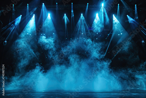 Blue spotlight smoke stage entertainment background.