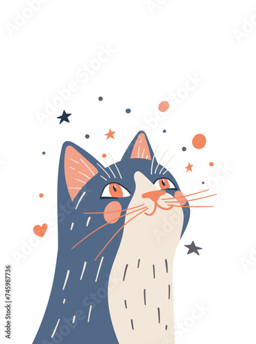 Dreamy kitty sitting and looking up. Vector illustration in flat style showing pet, cat. Vertical image isolated on white background.