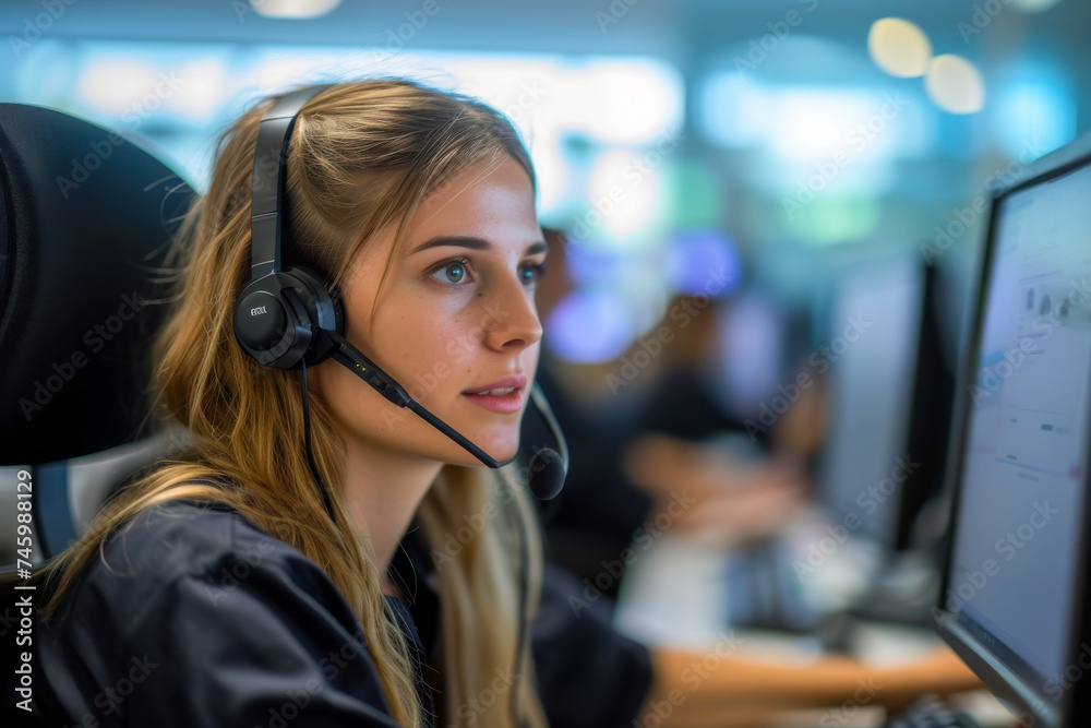 Woman Wearing Headset Working at Computer Woman Wearing Headset Working at Computer