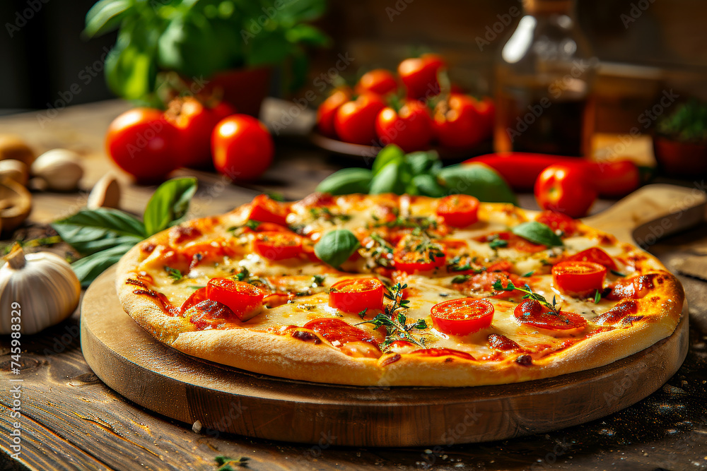 Delicious Pizza on Wooden Cutting Board